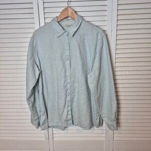 L.L.Bean Linen Button Down Shirt Long Sleeve Relaxed Fit‎ Blue L Coastal Grandma